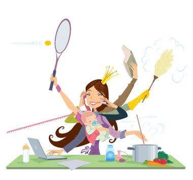 Busy woman doing many things at the same time clipart