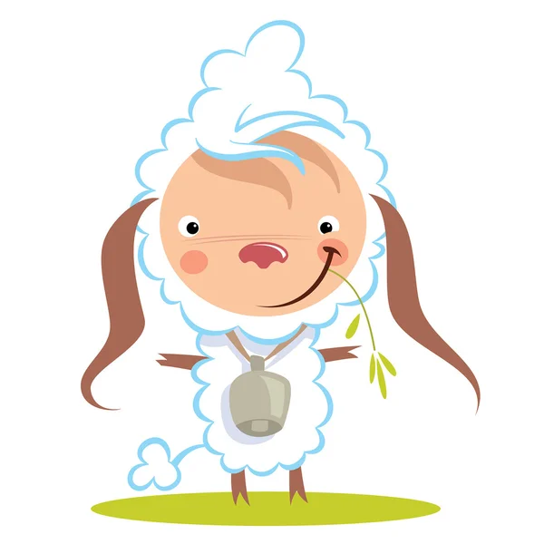 Baby lustige Cartoon-Schafe mit einer großen Glocke weiden Gras — Stockvektor