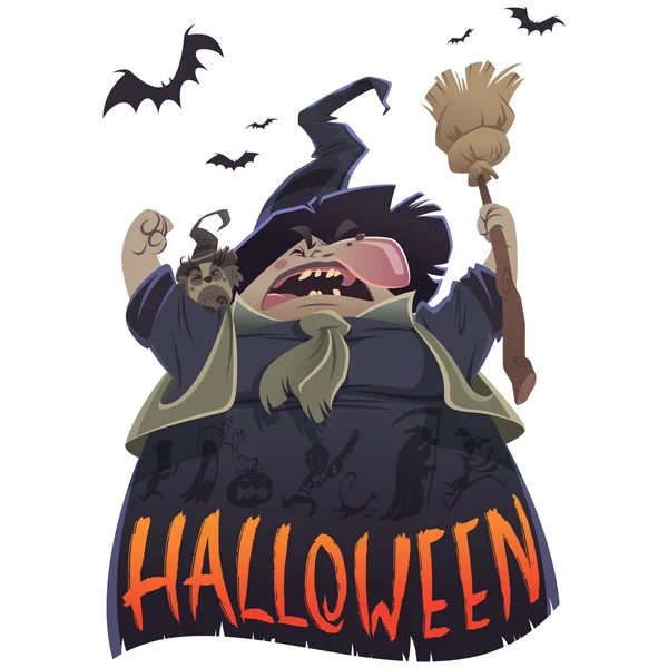 Halloween karikatúra ijesztő boszorkány a seprű és bagoly — Stock Fotó