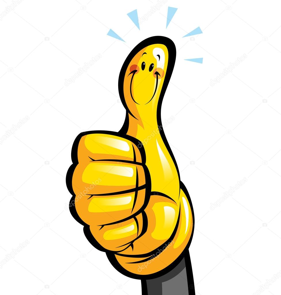 Polegares para cima sorrindo luva de desenho animado amarelo Ilustração