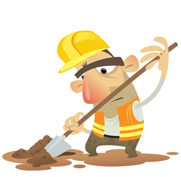 Υπό κατασκευή άνθρωπος σκάψιμο εργασίας με ένα φτυάρι που φοράει το τιμόνι — Διανυσματικό Αρχείο