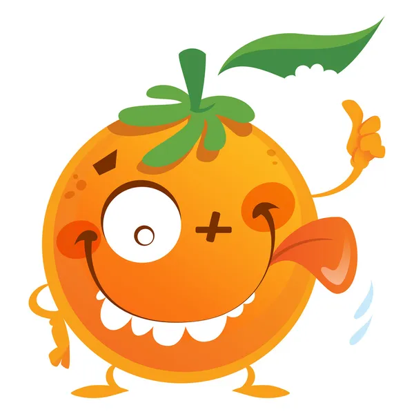Verrückte Zeichentrickfigur mit orangefarbenen Früchten macht eine Daumen-hoch-Geste — Stockvektor