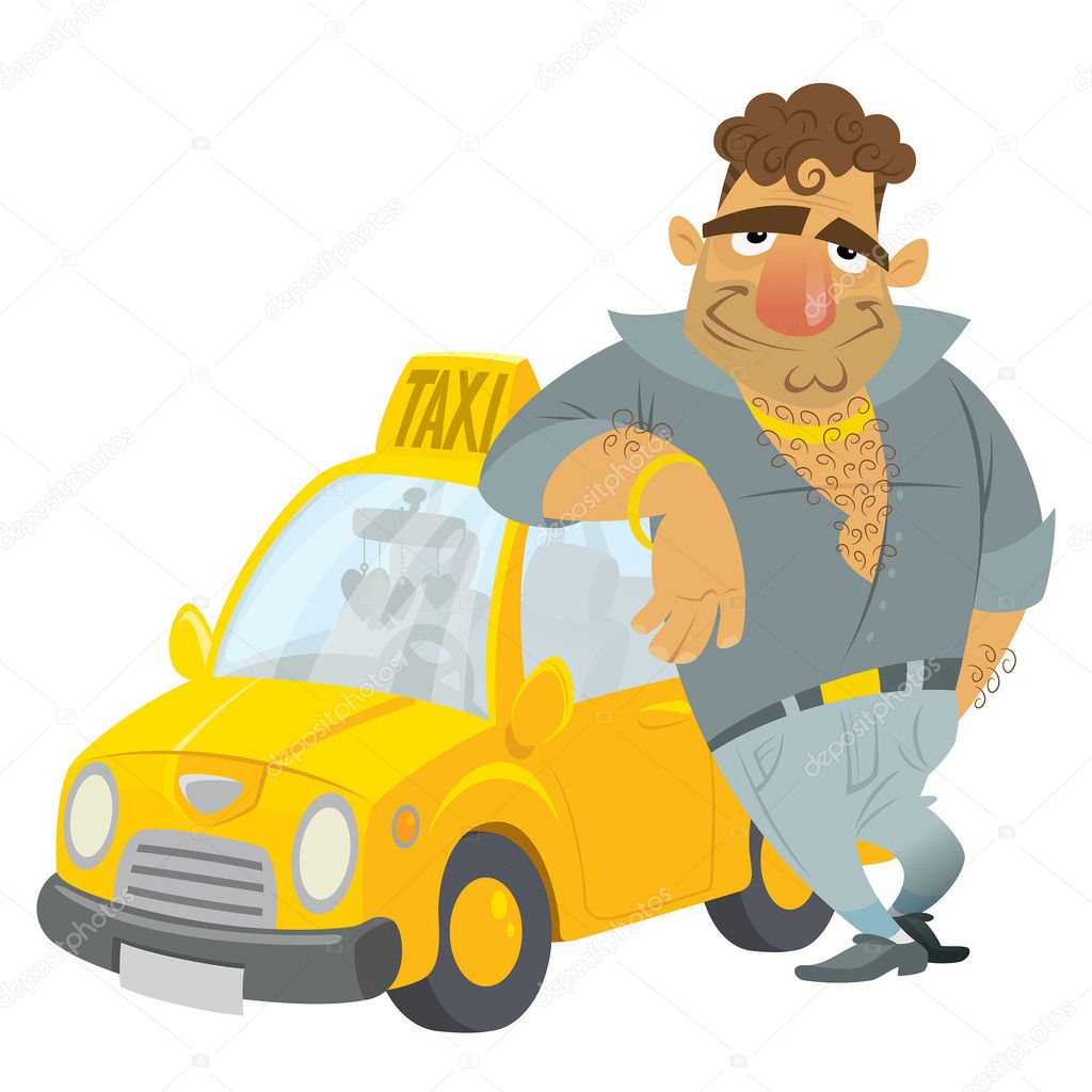 Cartoon Taxi driver funny character with his yellow cab