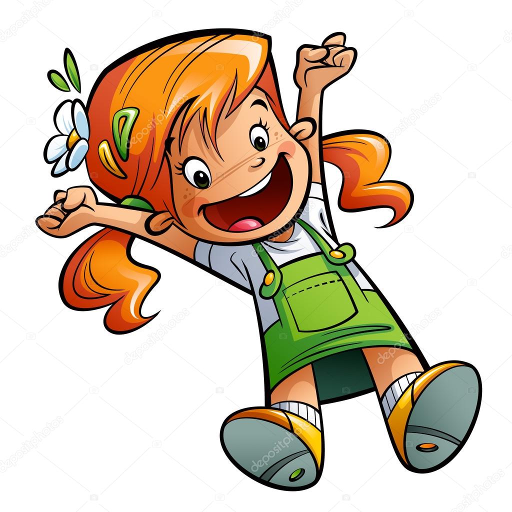 Happy cute cartoon girl jumping happily stretching hands and leg