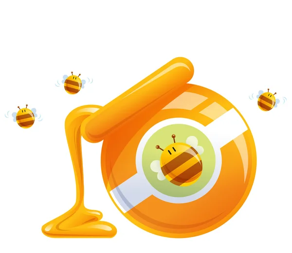 Мультфильм природного апельсинового меда в банке падения и пчел — стоковый вектор