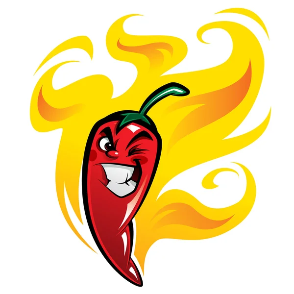 Red devious extremely hot cartoon chili pepper character on fire — Stock Vector