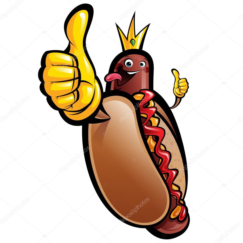 Cartoon hot dog king making a thumbs up gesture
