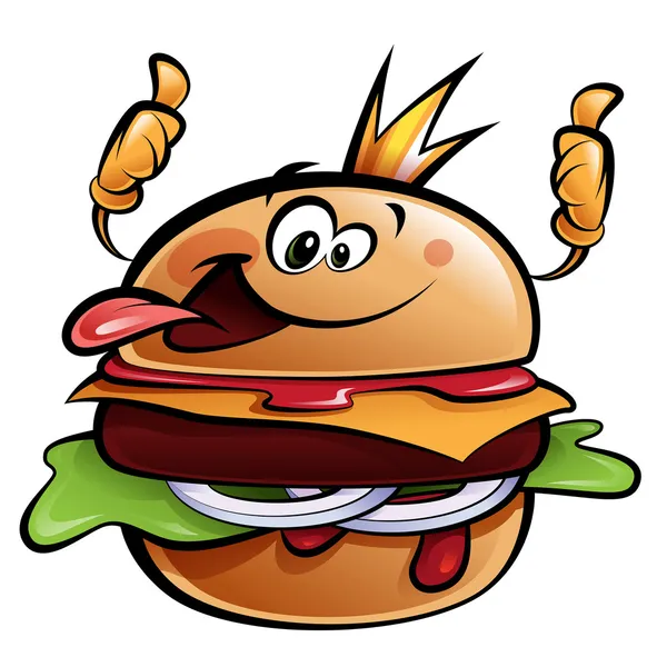 Cartoon burger king making a thumbs up gesture — Stock Vector