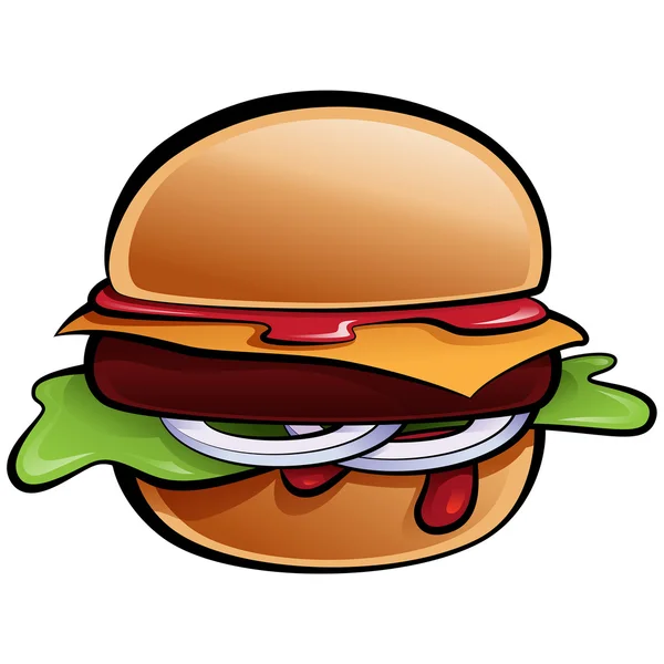 Cartoon delicious classic American cheese burger with vegetables — Stock Vector