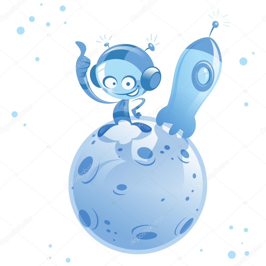 Happy cartoon alien spaceman in small planet with space rocket
