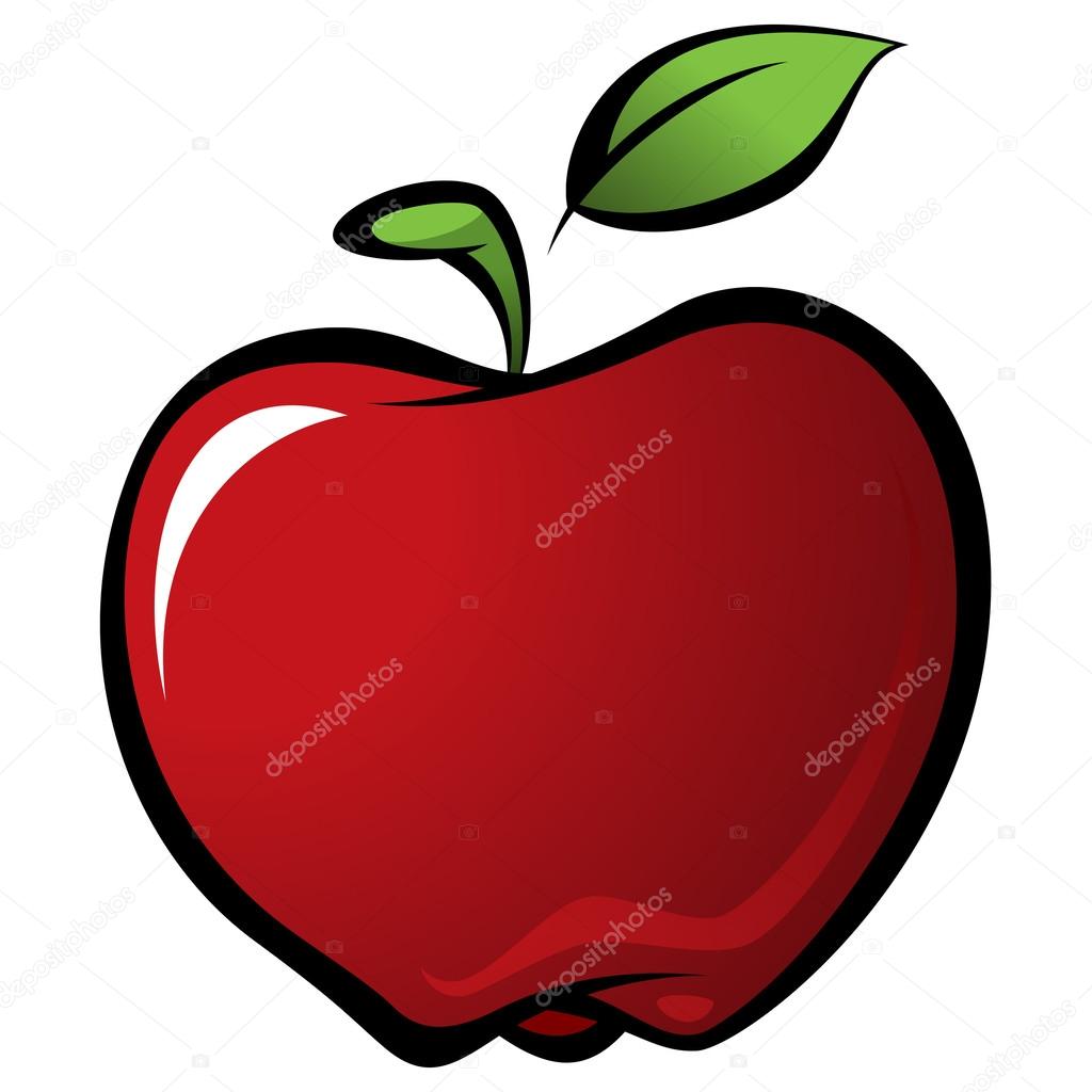 Cartoon shiny delicious red vector fresh apple with green leaf