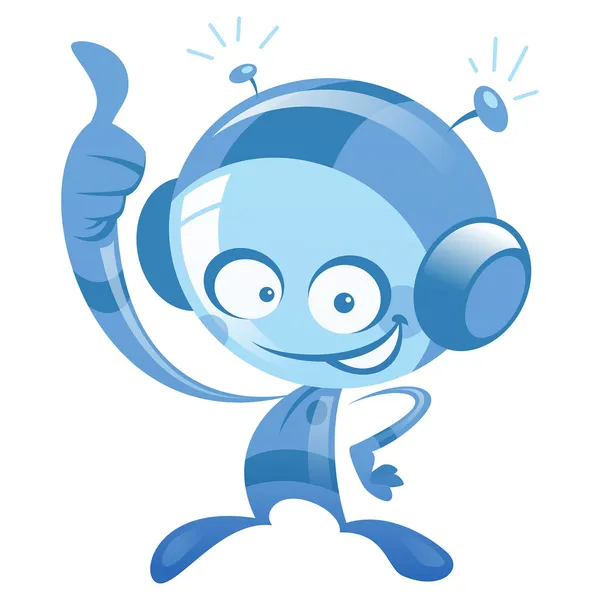 Feliz dibujos animados astronauta azul sonriendo y haciendo gesto pulgar hacia arriba — Vector de stock