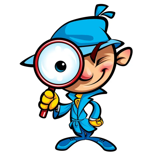 Cartoon cute detective investigate with coat and big eye glass — Stock Vector