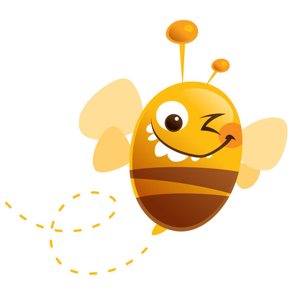 Crazy cartoon funny cute bee with stripes flying buzz