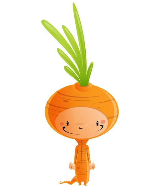 Cartoon happy smiling kid wearing funny carnival carrot costume — Stock Vector