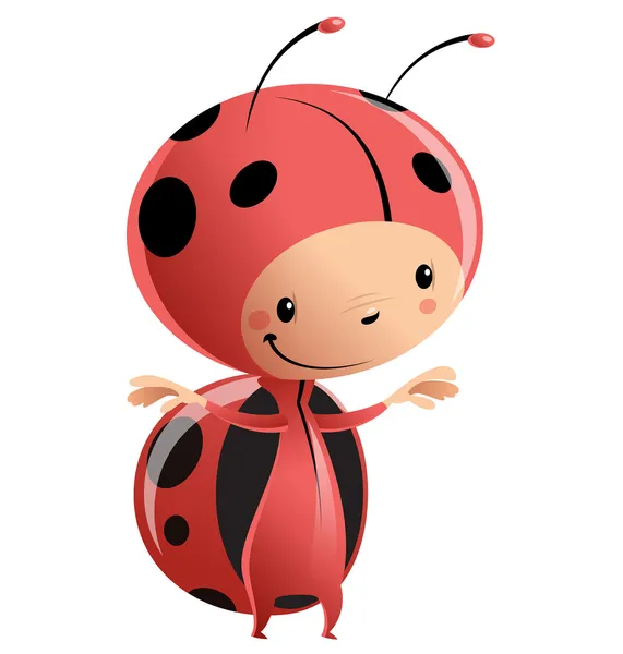 Cartoon kind draagt grappige lieveheersbeestje kostuum — Stockvector