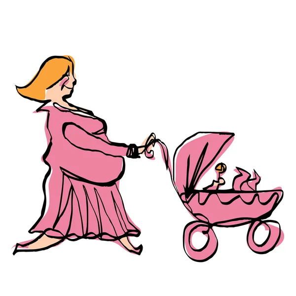 Happy pregnant mother in pink dress pushing baby girl stroller — Stock Vector