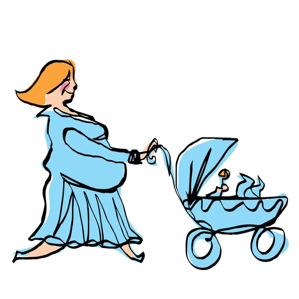 Happy pregnant mother in cyan dress pushing baby boy stroller — Stock Vector