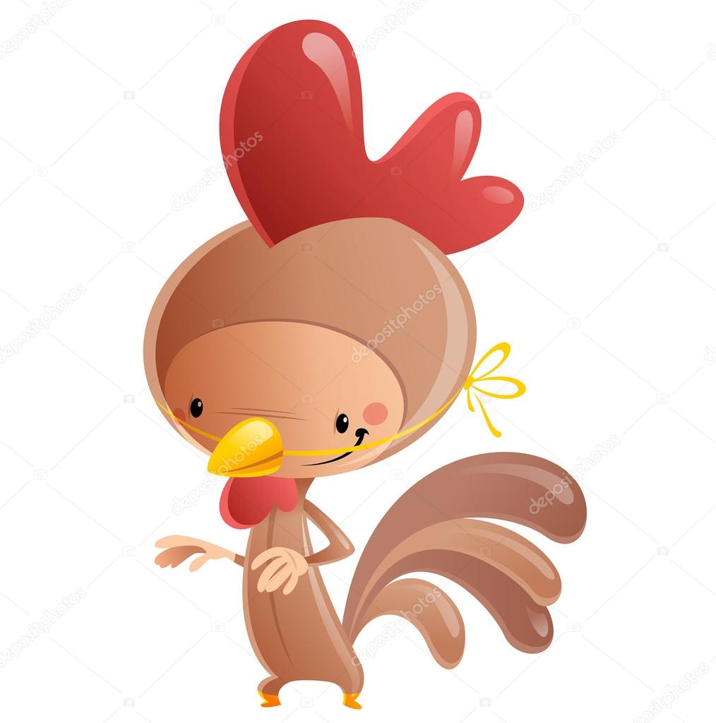 Cartoon happy smiling kid wearing funny carnival rooster costume