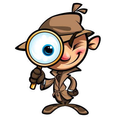 sevimli çizgi film Dedektif araştırmak ile kahverengi ceket ve göz cam