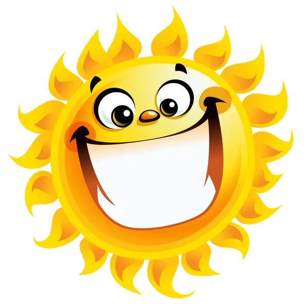 Nesmírně šťastný karikatura žluté slunce vzrušený, usmívající se znakem — Stockový vektor
