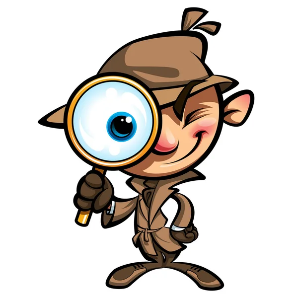 Dibujos animados detective lindo investigar con abrigo marrón y cristal del ojo — Vector de stock