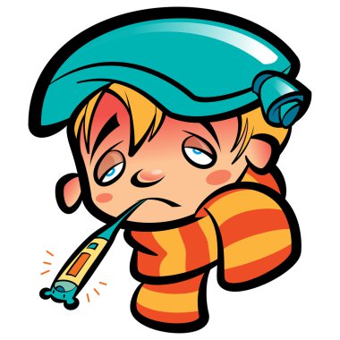 Cartoon sick boy head with thermometer scarf and ice bag vector Cartoon sick boy head with thermometer scarf and ice bag vector