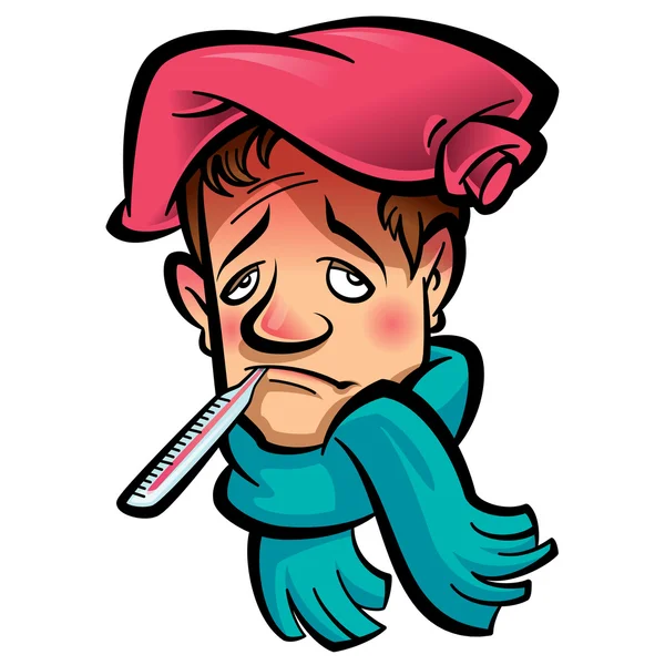 Cartoon cabeça de homem doente com cachecol termômetro e saco de gelo — Vetor de Stock