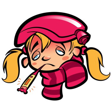Cartoon sick girl head with thermometer scarf and ice bag vector Cartoon sick girl head with thermometer scarf and ice bag vector