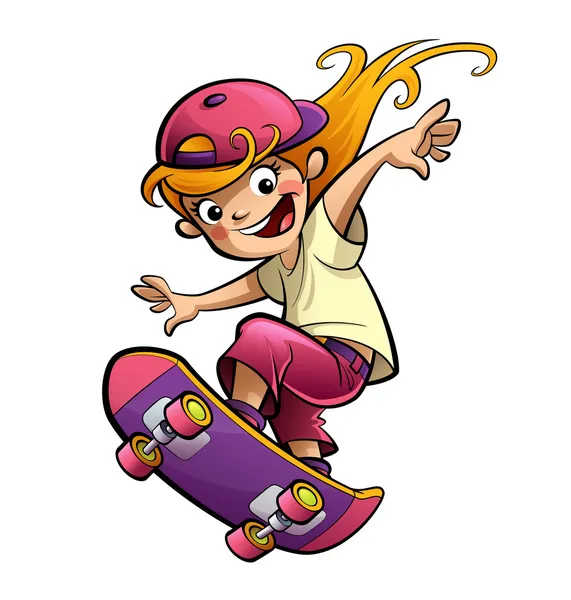 Cartoon happy smiling kid girl with skateboard in sport mood — Stock Photo, Image