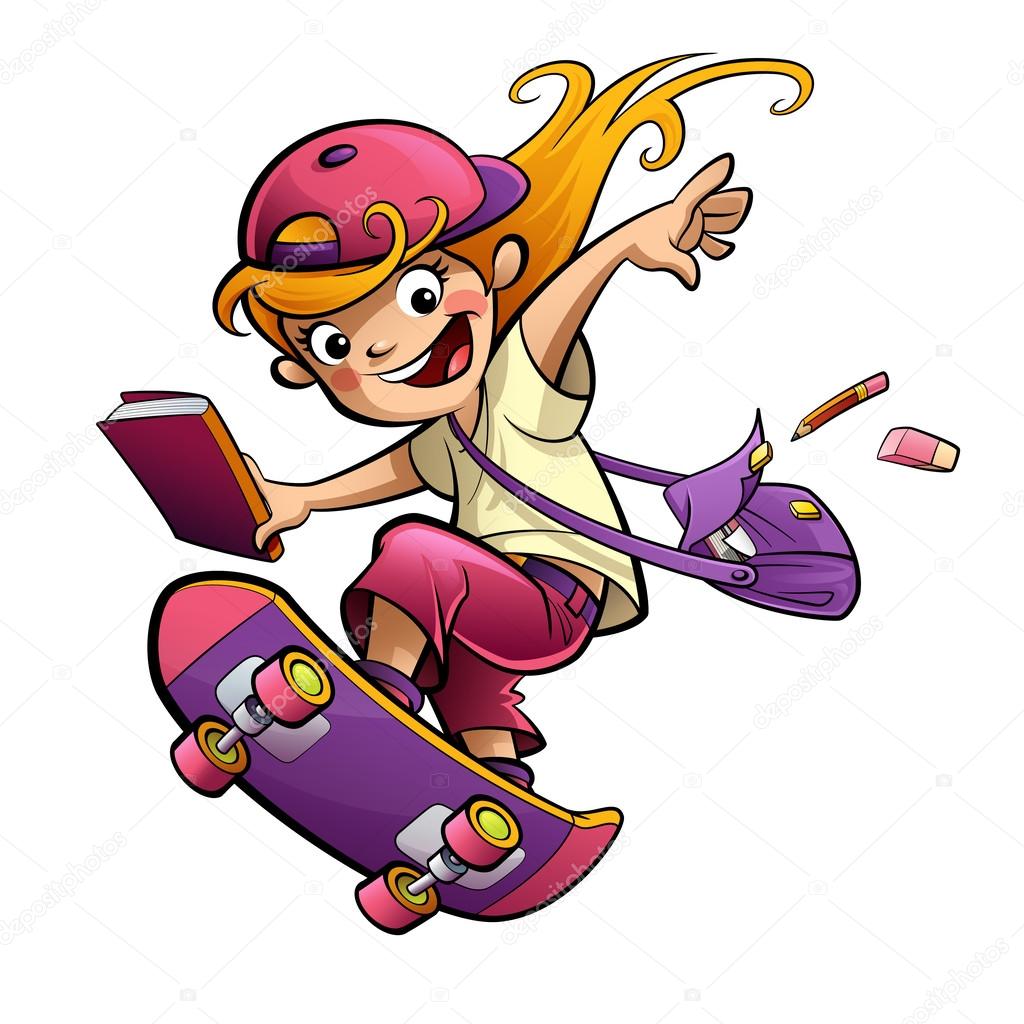 Cartoon happy smiling student girl with skateboard going to scho