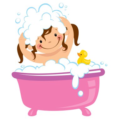 Baby kid girl bathing in bath tub and washing hair clipart