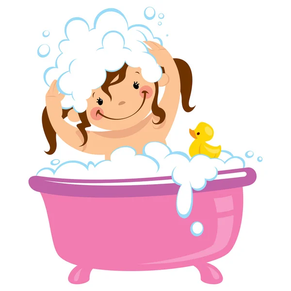 Baby kid girl bathing in bath tub and washing hair — Stock Vector