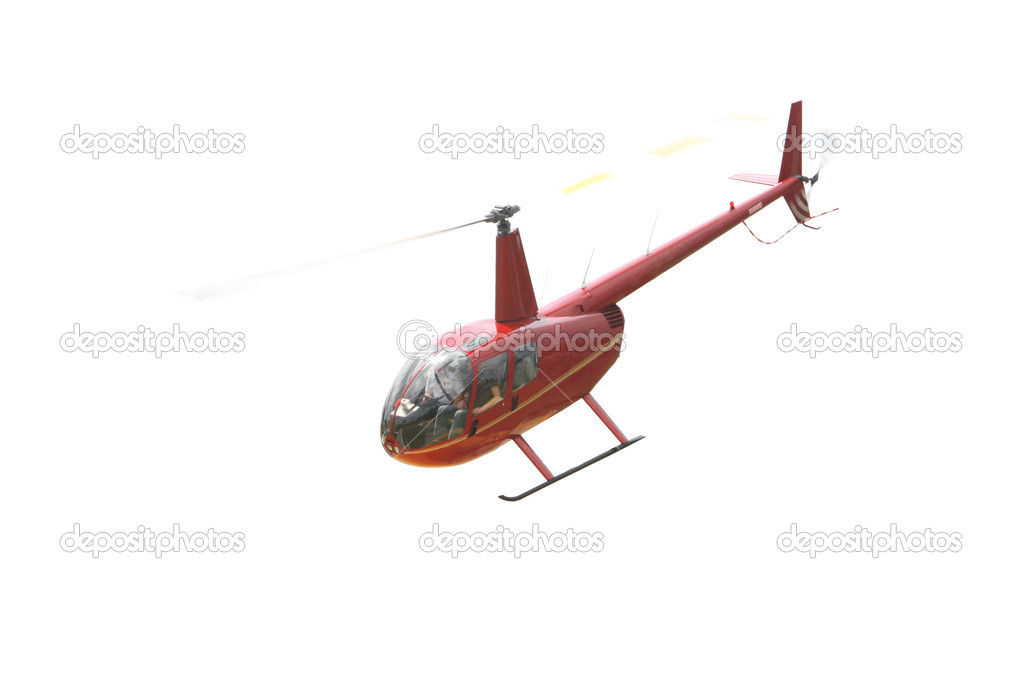 Takeoff of red helicopter isolated over white