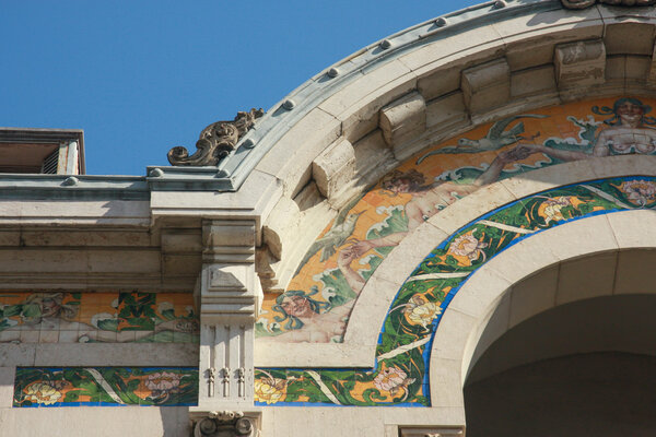 Portuguese ceramic azulejo decorated part of building facade