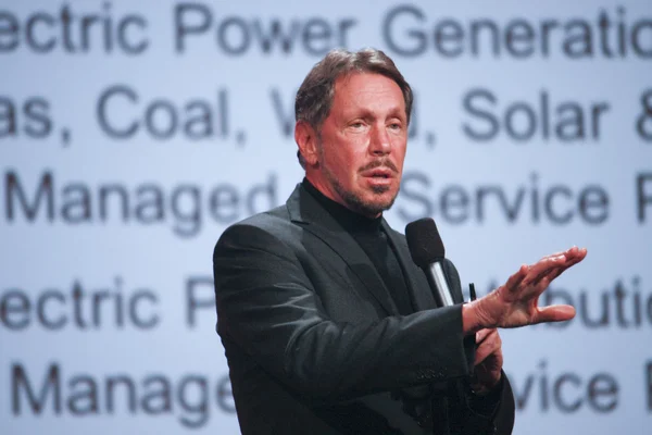 CEO of Oracle Larry Ellison makes his second speech at Oracle OpenWorld conference in Moscone center — Stock Photo, Image