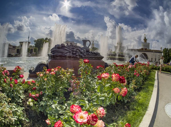 Moscow Russia July 2021 Tourists Viewing Stone Flower Fountain Exhibition — Zdjęcie stockowe