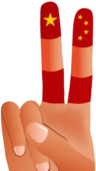 EPS Vector 10 de mão masculina gesticulando sinal de paz na bandeira chinesa — Vetor de Stock