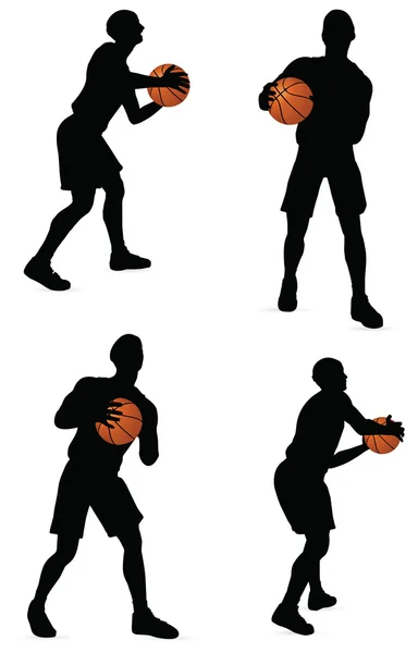 Colección de siluetas de jugadores de baloncesto vector en posición de pase — Vector de stock