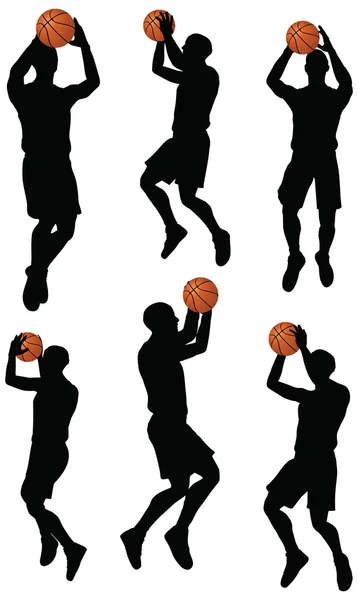 Vetor jogadores de basquete coleção silhueta na posição de tiro —  Vetores de Stock