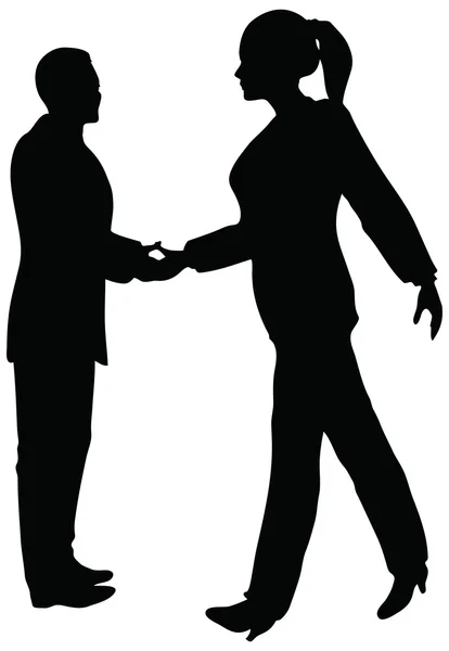 Stretta di mano di uomini d'affari in piedi in silhouette — Vettoriale Stock