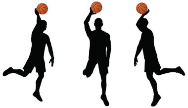 basketball players silhouette collection in slam position clipart