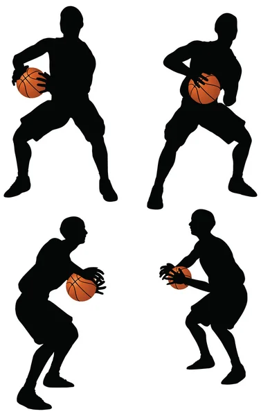 Colección de siluetas de jugadores de baloncesto en posición de espera — Vector de stock