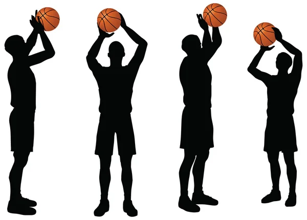 Colección de siluetas de jugadores de baloncesto en posición de tiro libre — Vector de stock
