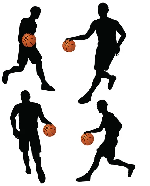 Colección de siluetas de jugadores de baloncesto en posición de drible — Vector de stock