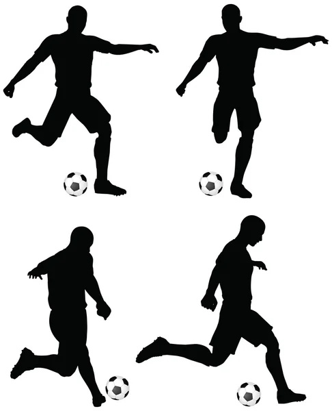 Pose de silhouettes de joueurs de football en position de course et de frappe — Image vectorielle