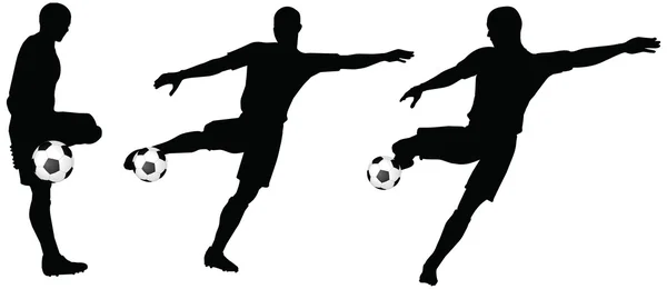 Poses of soccer players silhouettes in run and strike position — Stock Vector