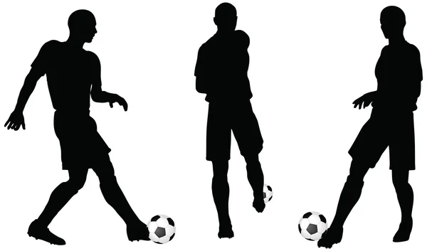 Pose de silhouettes de joueurs de football en position de course et de frappe — Image vectorielle