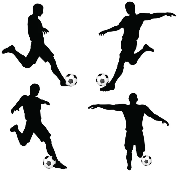 Pose de silhouettes de joueurs de football en position de course et de frappe — Image vectorielle