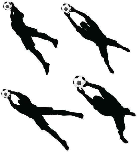 Poses de futbolistas siluetas en posición de salto aéreo — Vector de stock